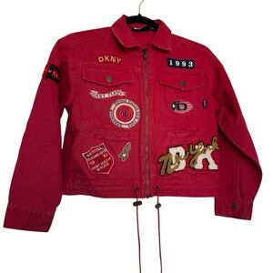 DK Donna Karan New York Vintage 90's Marksman Red Cropped Bomber Jean Jacket Y2K